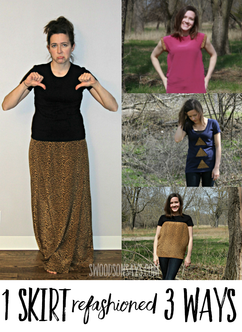 See how this one vintage maxi skirt was refashioned into three different shirts - with photo tutorials for each style. #refashion #sewing #upcycle