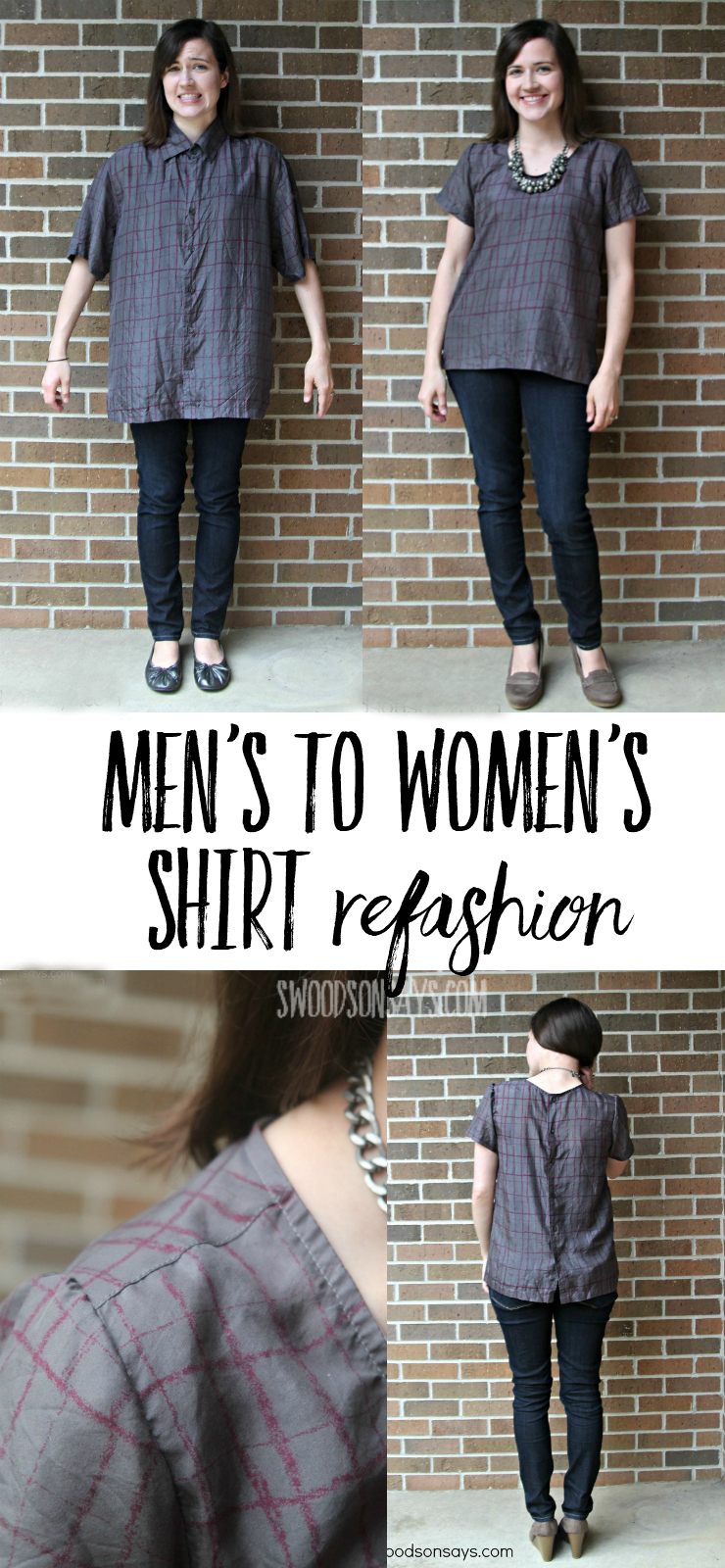  Unique Men's Shirt to women's shirt refashion from Swoodson Says - get inspired for how to turn a baggy mens shirt into a chic women's top! This creative refashion upcycles a button up shirt with a few simple steps. #refashion