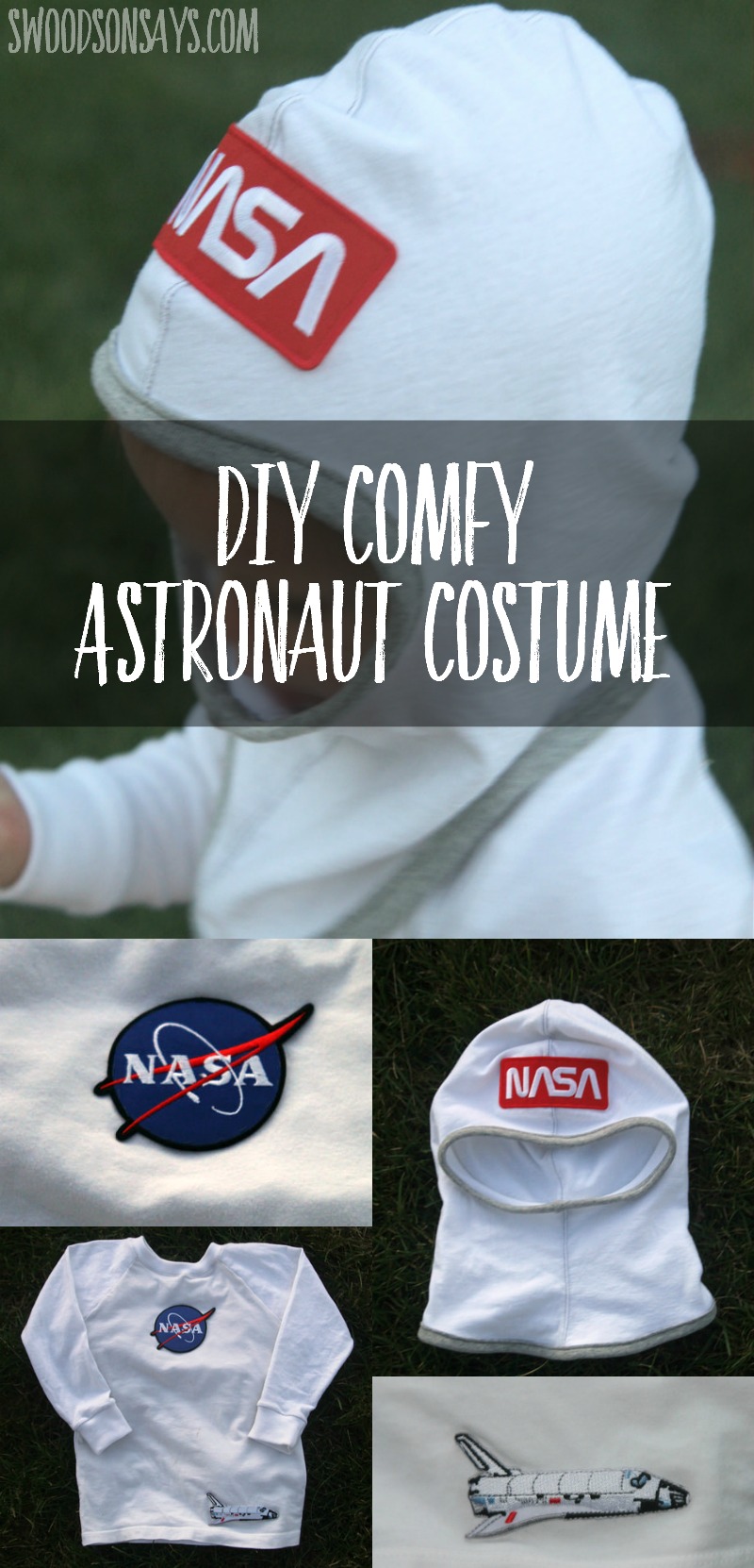An easy DIY astronaut costume with instructions on how to sew a hood and add a few patches!