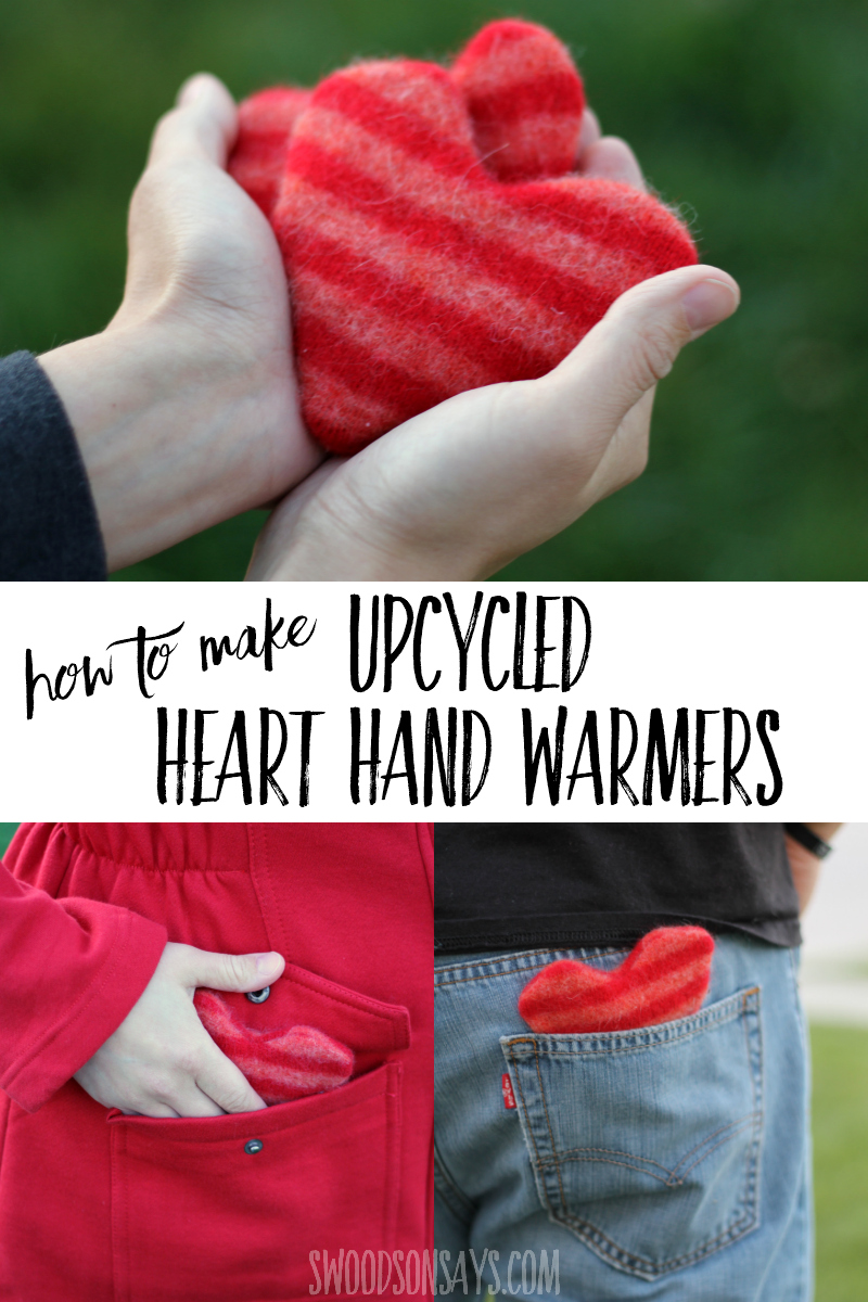 Upcycle a wool sweater into heart shaped hand warmers with this easy sewing tutorial! Download the free hand warmer pattern and sew up some soft hearts to keep in your pockets this winter or to stick in a Christmas stocking. #sewing #upcycle #diygift