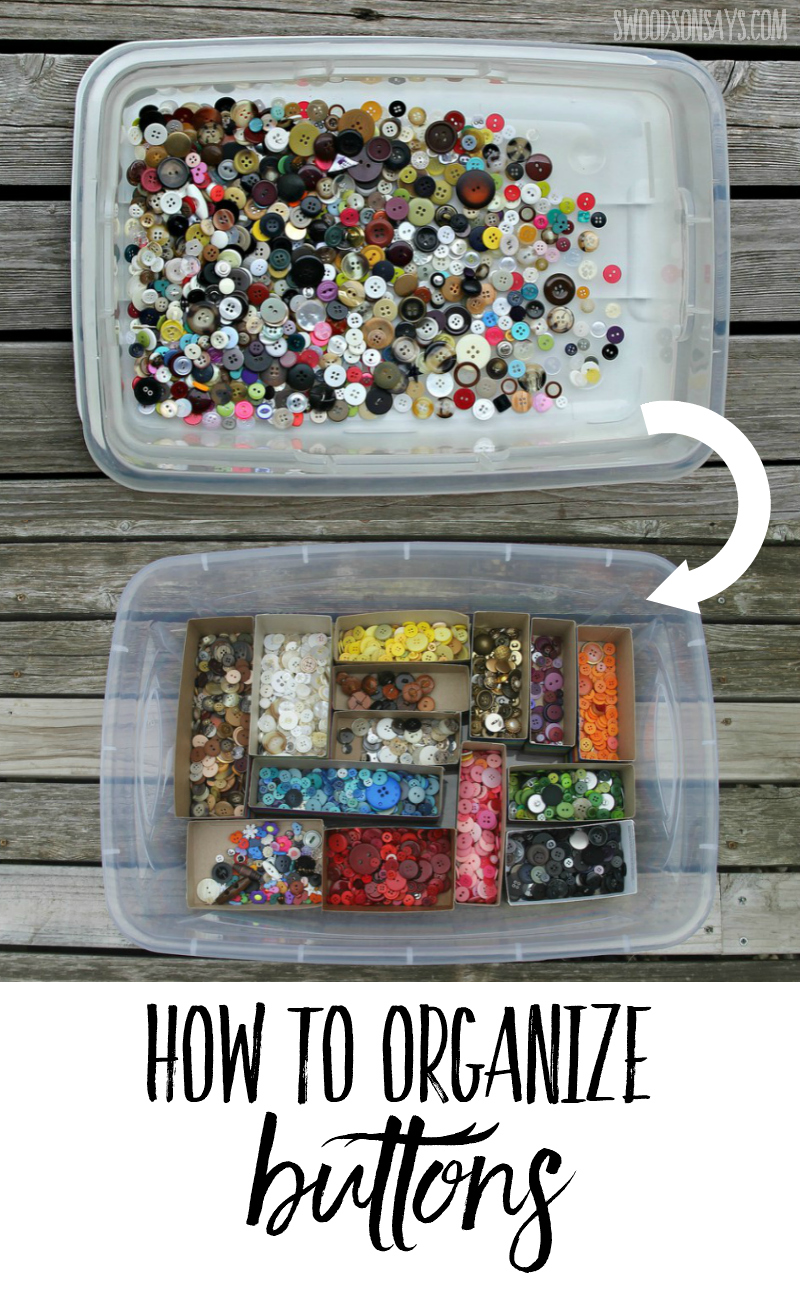 Cheap craft room storage idea! See how to organize buttons without spending a ton of money; this tutorial is quick and uses upcycled materials! #buttons #craftroom
