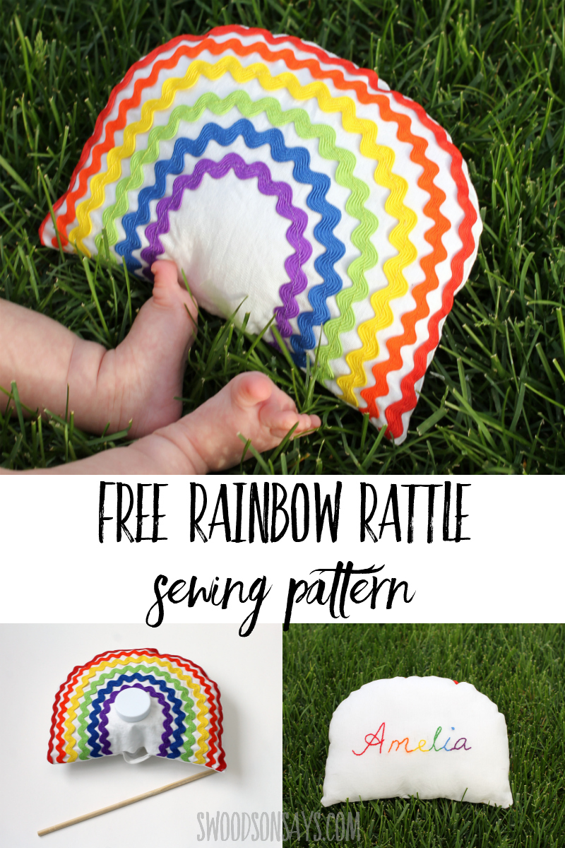 Sew a sweet ric rac rainbow baby rattle with this free baby sewing pattern! Full photo tutorial to make a handmade baby toy, great sewing project for beginners. #sewing