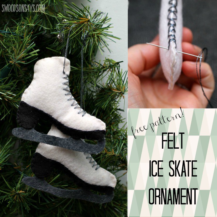 A free sewing pattern for a felt ice skate ornament, from Swoodsonsays.com
