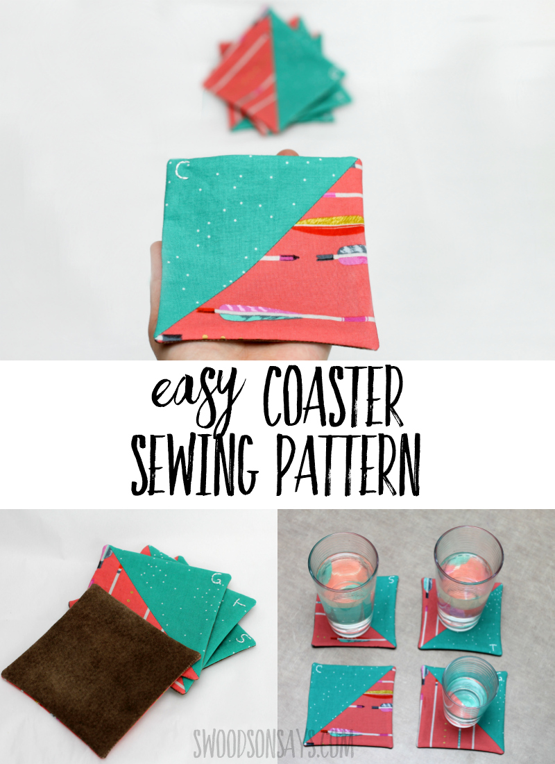 Follow this Easy coaster sewing pattern to make fun, scrappy coasters! Check out the trick for personalizing each one and cutting down on dishes. #sewing #halfsquaretriangle #handembroidery