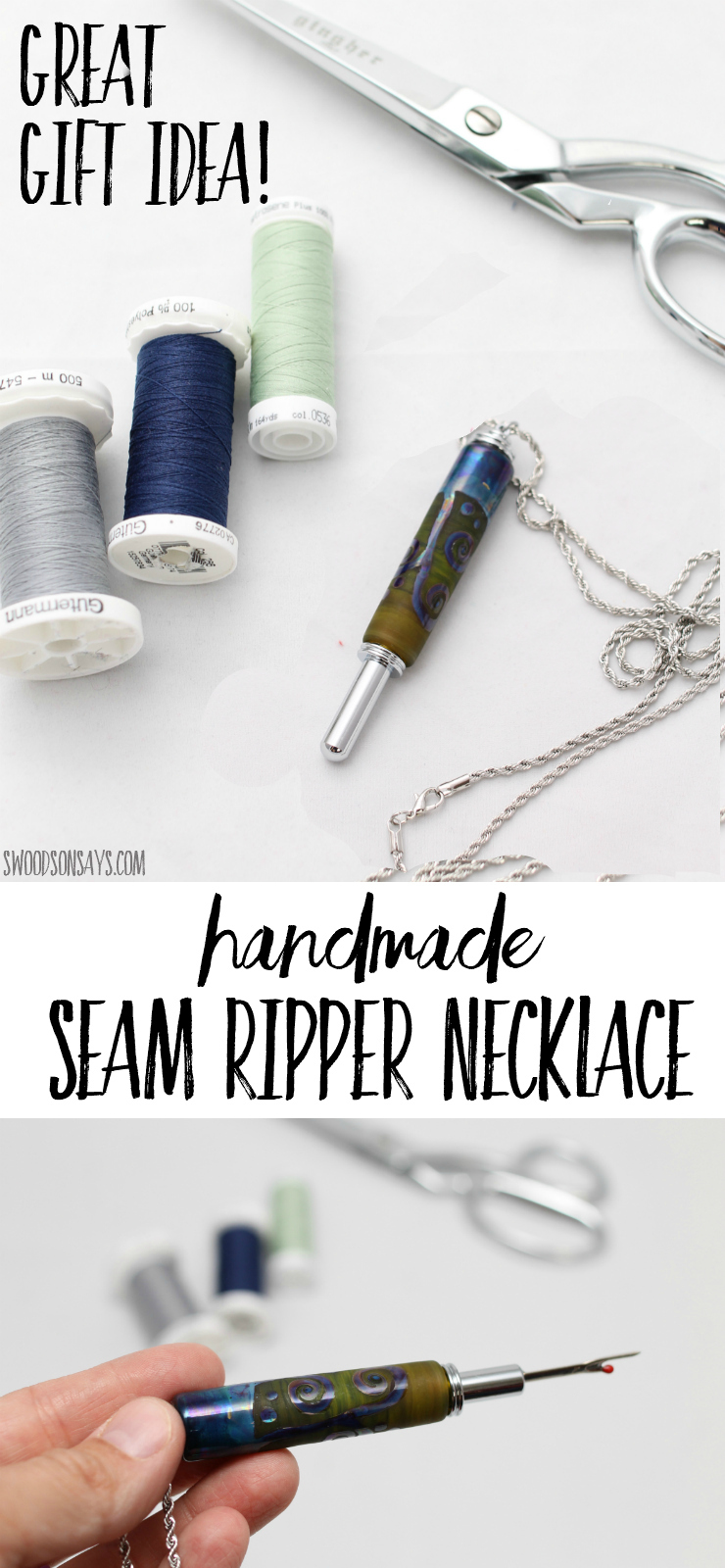 Looking for fabric lovers gift ideas? Check out this beautiful handmade seam ripper necklace! Perfect gift for someone who loves sewing, it is beautiful and functional, flipping around to cover the top safely while you wear it. This is an affiliate link to the Etsy shop where you can buy one. #etsy #handmade#giftsforpeoplewhosew #giftsforsewists #seamripper #seamrippernecklace
