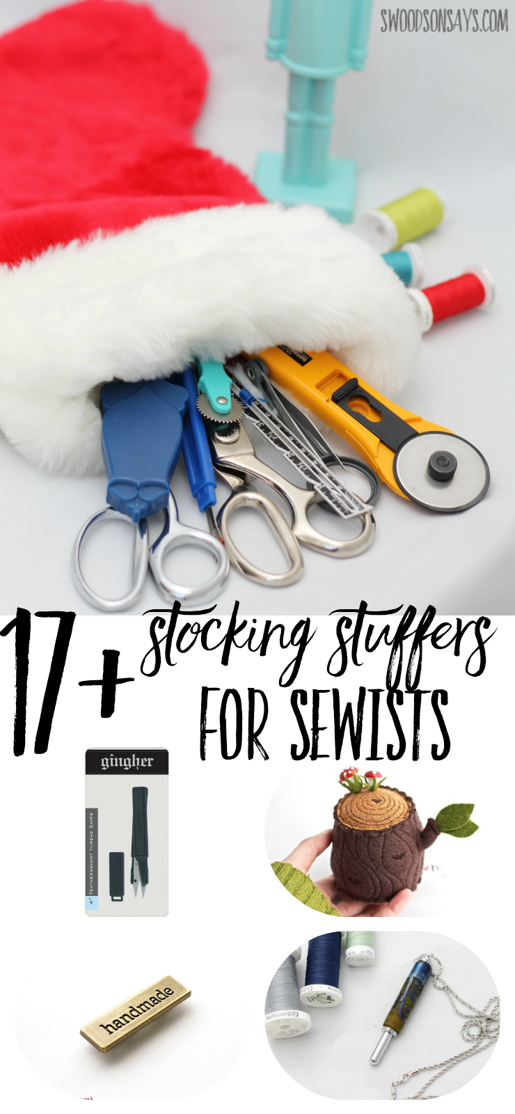 It can be hard to guess someone's fabric taste or pattern wishes, but there are lots of nifty gadges that fit perfectly in a stocking! See this list of sewing stocking stuffers and find something unique for all the sewists in your life. #sewing #stockingstuffer #giftguide