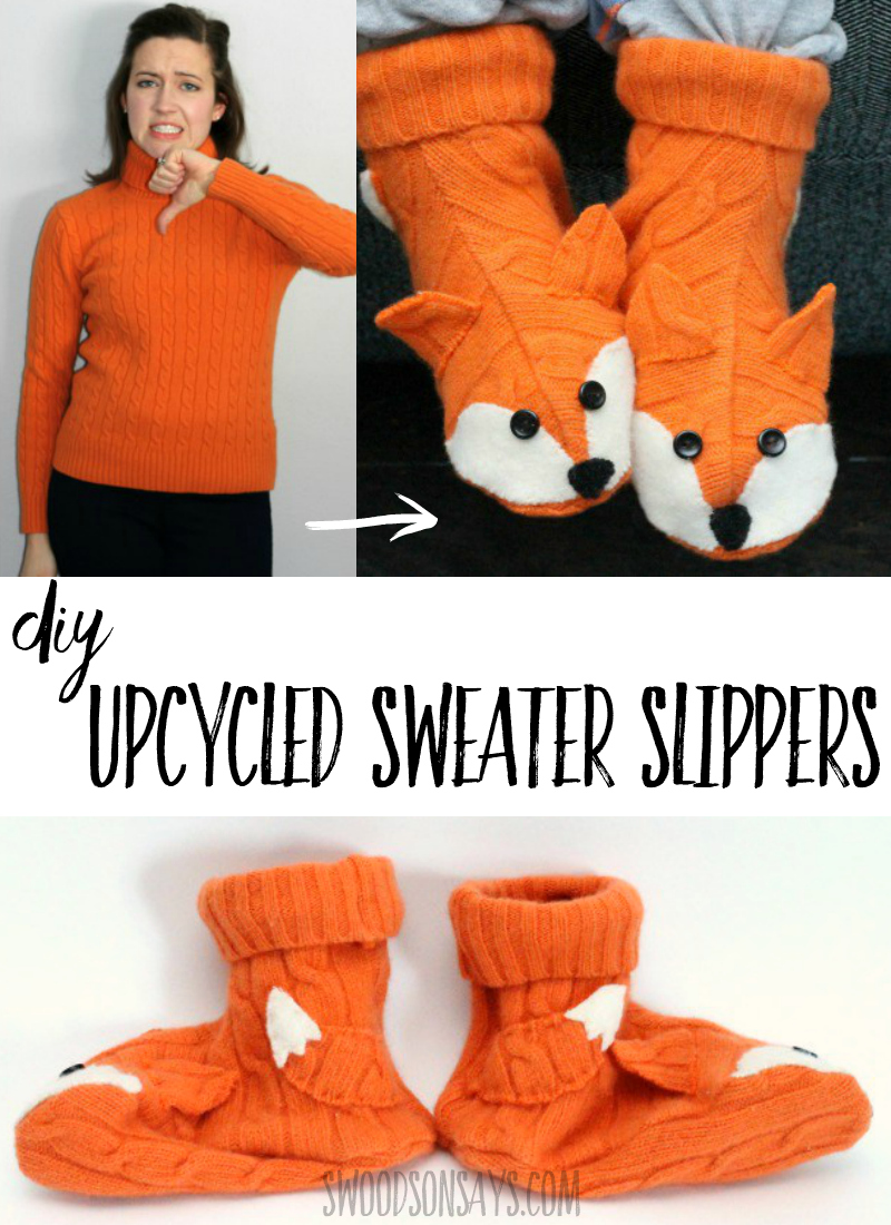 Upcycle outdated or hole filled wool sweaters into adorable slipper socks! Check out this recycled sweater slippers pattern with a fox face, super fun to sew for fall. #sewing #upcycle
