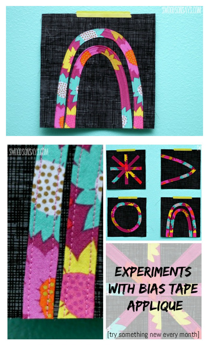 Trying out bias tape applique on quilt blocks, as a part of my annual Try Something New Every Month project.