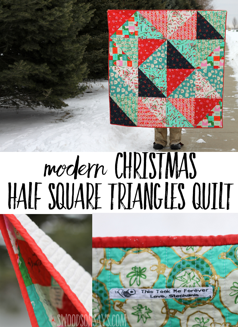 A Christmas HST Quilt with Cotton and Steel Tinsel Fabric. I love half square triangle quilts - this is a pattern from Patchwork Essentials by Jeni Baker. #halfsquaretriangles #hstquilt #quilt #quilting #christmas #christmasquilt #sewing