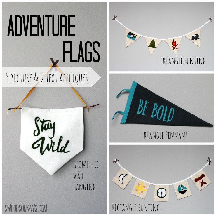 Adventure Flags - a PDF pattern from Swoodson Says. Felt applique shapes and text with a camping theme, perfect for an outdoors nursery or to decorate a playroom!