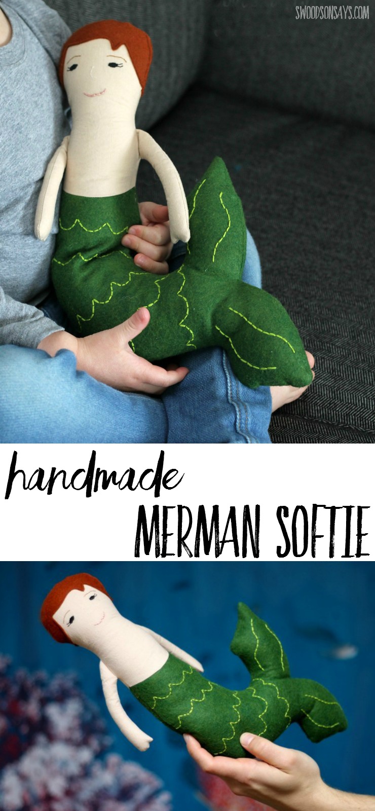A boy mermaid, better known as a merman, in doll form! I loved sewing this handmade toy for my son - sewing things for boys can be a little trickier but no less fun.