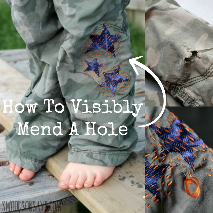How to mend a hole - use Wonder Under, knit fabric scraps, and sashiko stitching to mend a pants hole. Visible mending is a fun trend - show off those stitches and give old clothes new life!