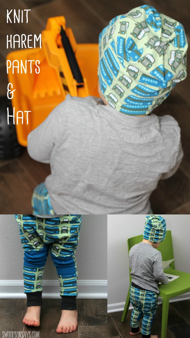 A matching set in euro bus knit, with harem pants and a slouch beanie. I love sewing for boys, and this set is both comfy and cute! Sewn from two PDF patterns for boys. 