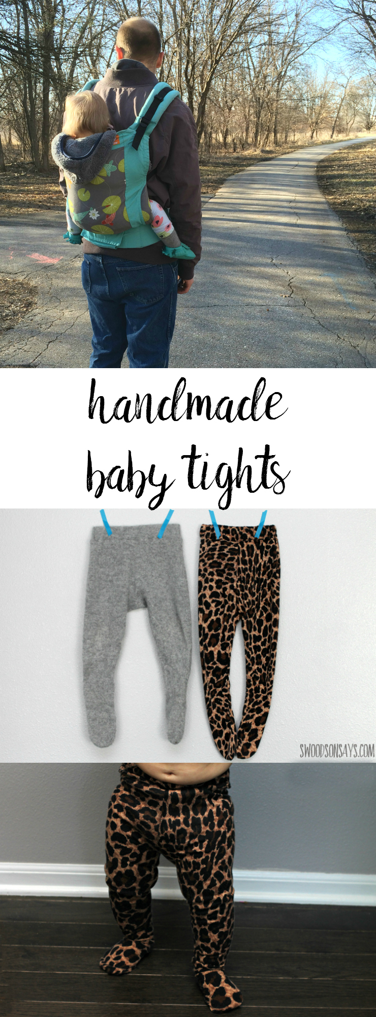 Handmade tights - the perfect thing to sew for a baby! This easy PDF pattern is quick to sew and easy to wear. I made a wool pair that were perfect for babywearing this past winter - and a leopard pair just for fun!