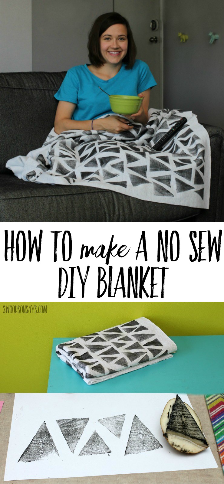 See how easy it is to make a no sew blanket, with this stamped sweatshirt version. A great tween craft idea diy gift for the couch potato in your life, blankets are so much fun to make. #diyblanket