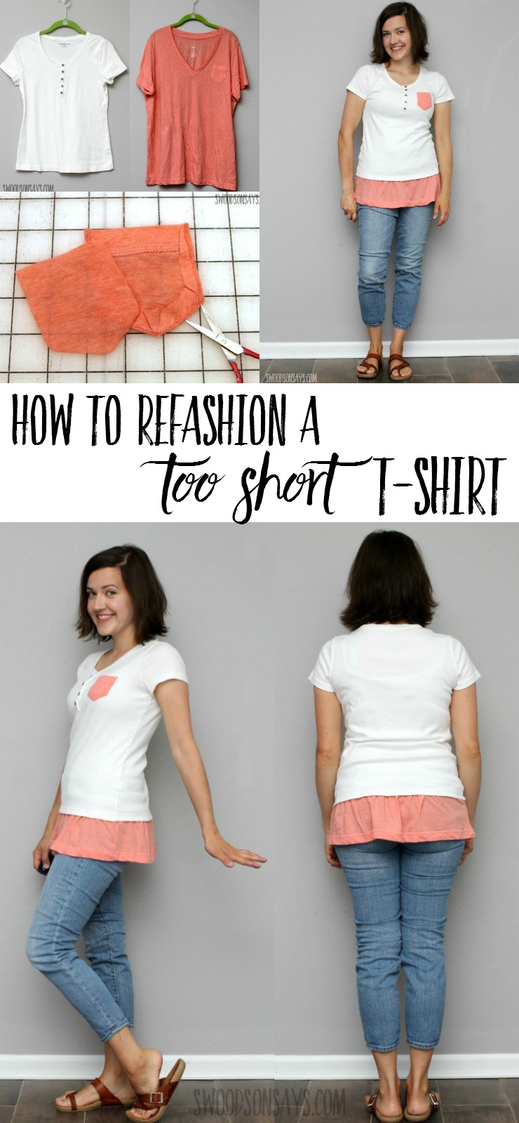 See how to refashion a tshirt that is too short! This easy tshirt refashion idea combines too looks for a fresh new take. 
