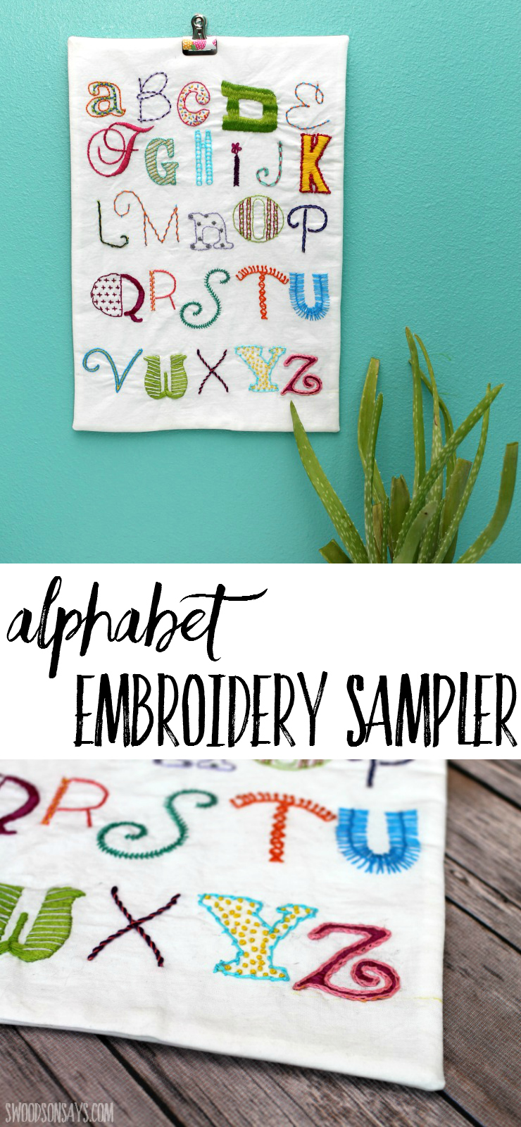 Check out this alphabet ABC embroidery sampler! Learn different stitches while making a beautiful embroidery piece for a nursery or play room.