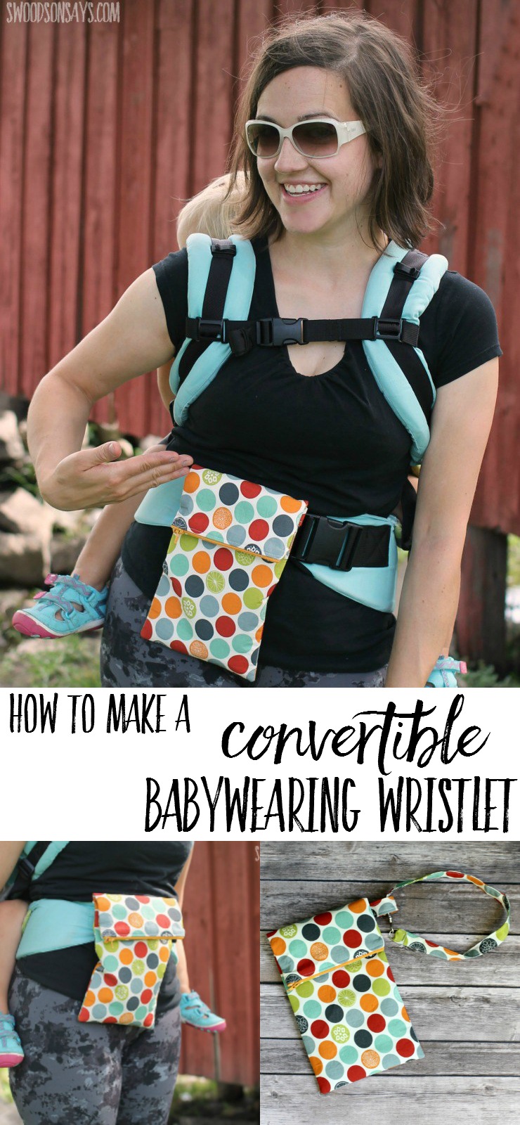 How to sew a convertible wristlet purse that is perfect for babywearing. Babywearing accessories can be expensive to buy, so sew your own bag and slid it on to your waistband for hiking! 
