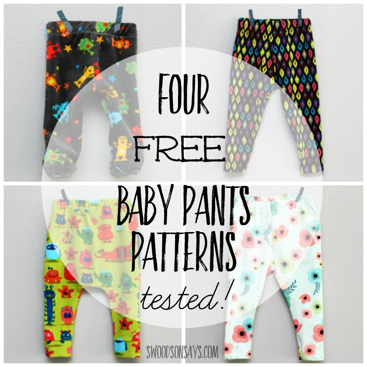 4 Free Baby Pants Sewing Patterns - free sewing tutorial for free baby leggings, baby harem pants, cloth diaper friendly baby pants, and footed baby pants! Perfect gift to sew for a baby shower!