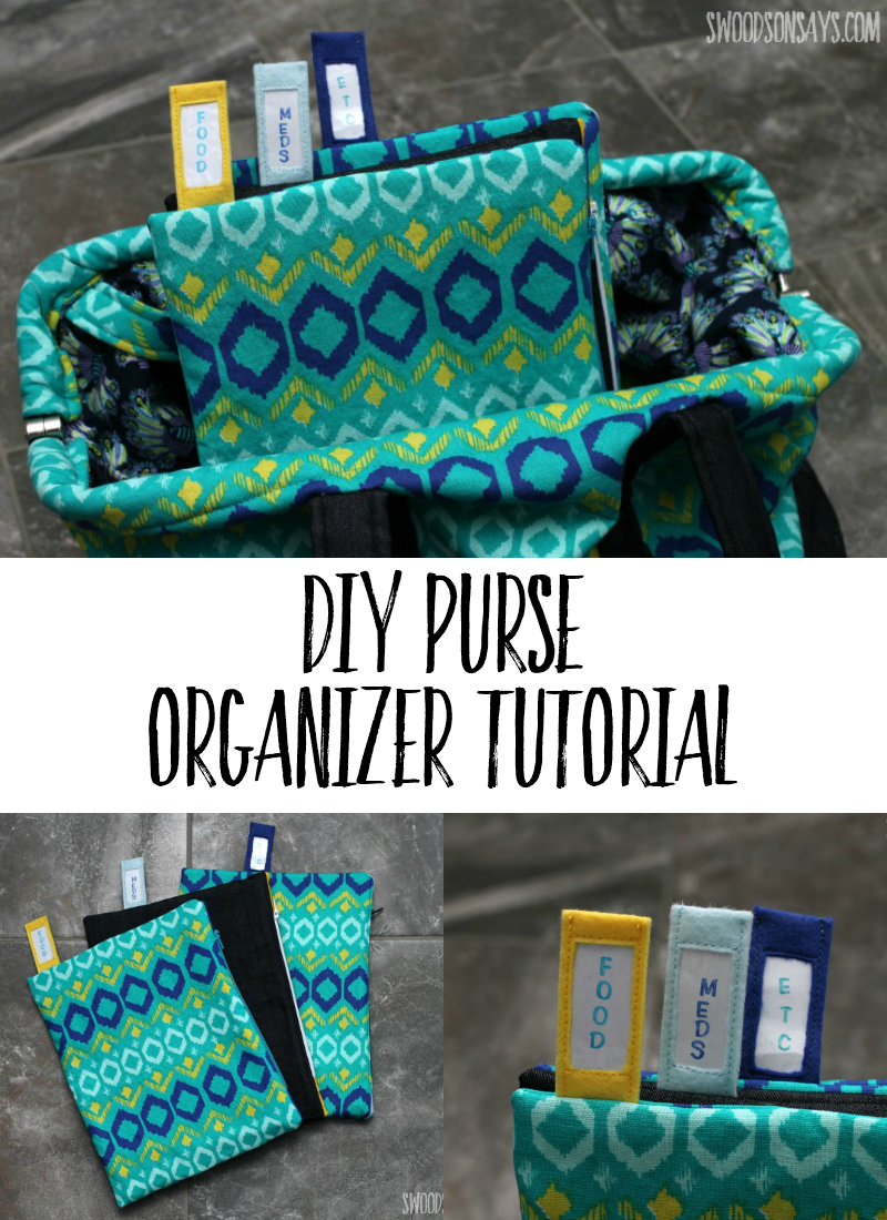Keep your bag organized, with this DIY purse organizer tutorial. They are extra firm so they're easy to unzip with one hand, and tabs at the top to keep you organized. An easy zipper pouch tutorial, with a clever twist! Swoodsonsays.com #sewing #zipperpouch