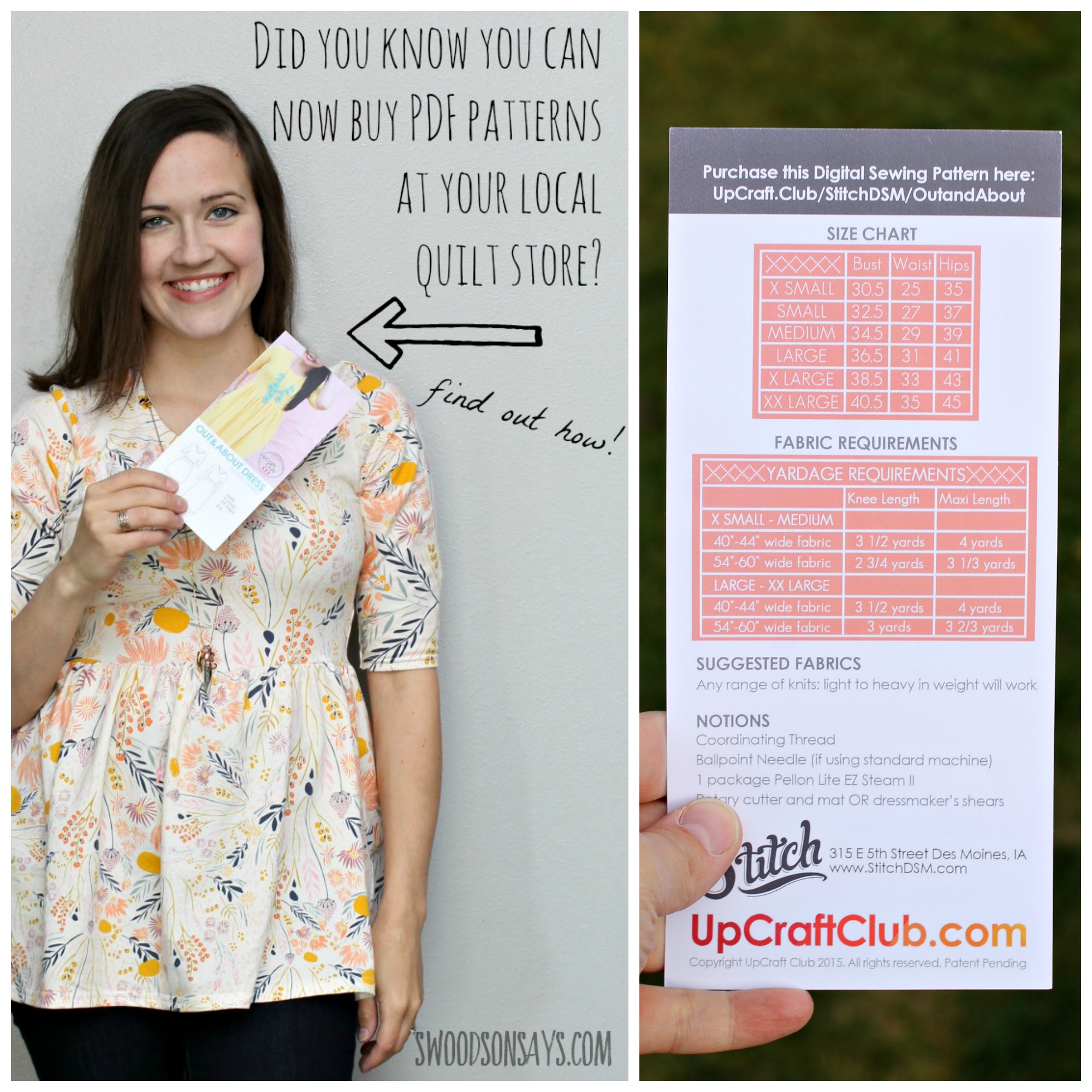 You can buy PDF patterns at your local quilt shop now, thanks to UpCraft Club! It is so easy, I show you how in this post (and share my cute Sew Caroline Out and About "Dress"). Sponsored post on Swoodsonsays.com