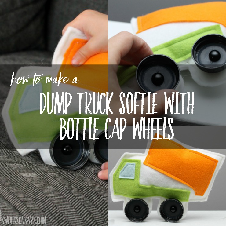 Upcycle bottle caps! Learn how to sew a simple dump truck softie with bottle cap wheels - kids can drive these around or babies can use them as a handmade car toy. Perfect felt toy to sew as a stocking stuffer!