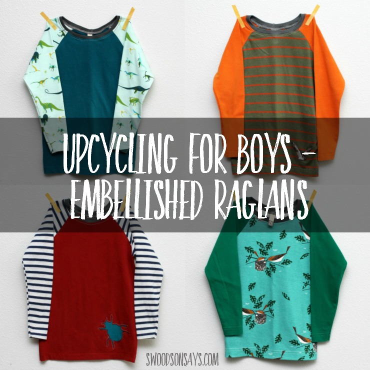 Check out these upcycled shirts for boys! Simple embellishments like patches and reverse applique can jazz up simple shirts. 