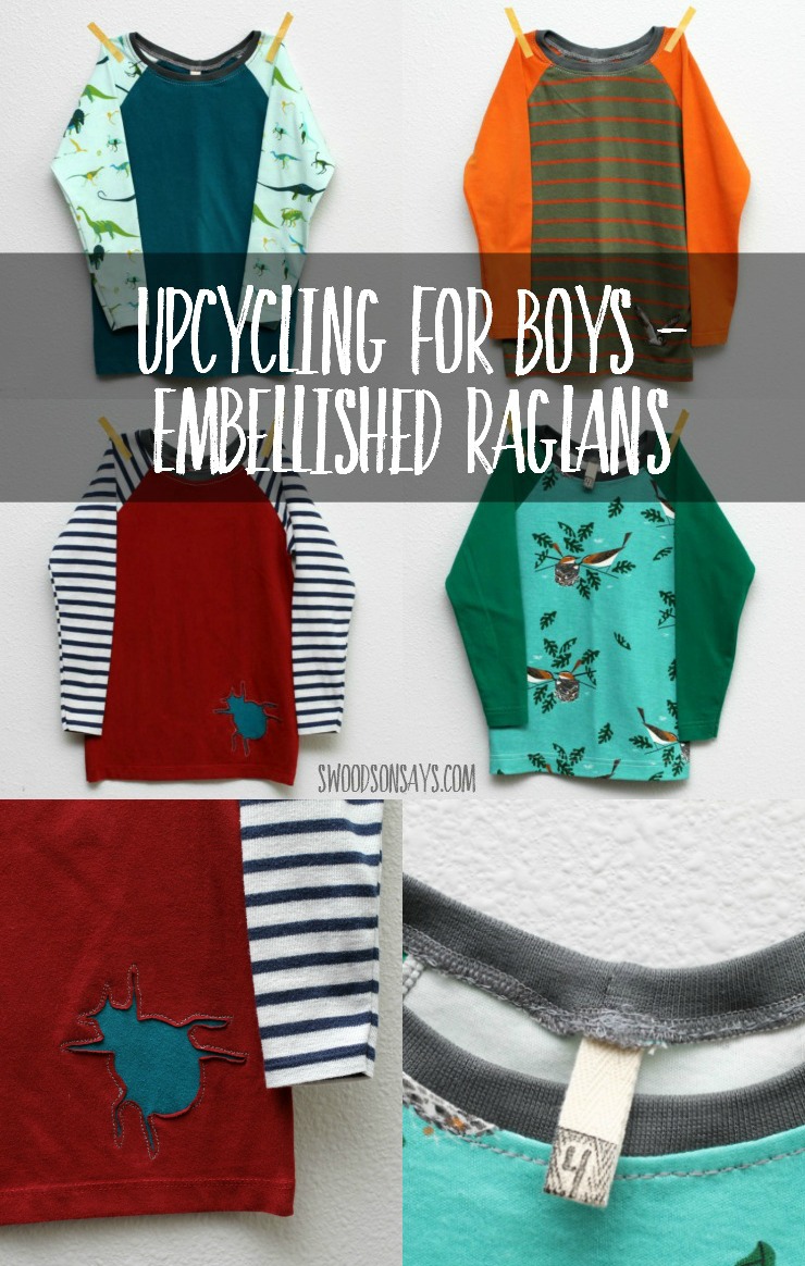 Check out these upcycled shirts for boys! Simple embellishments like patches and reverse applique can jazz up simple shirts. 