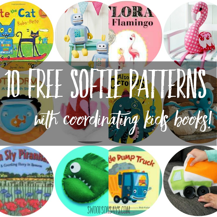 Check out a big list of free softie patterns matched up with coordinating kid's books! Softies are such a fun gift to sew for kids, and make the perfect "half handmade" gift paired with a book. #freesoftiepattern