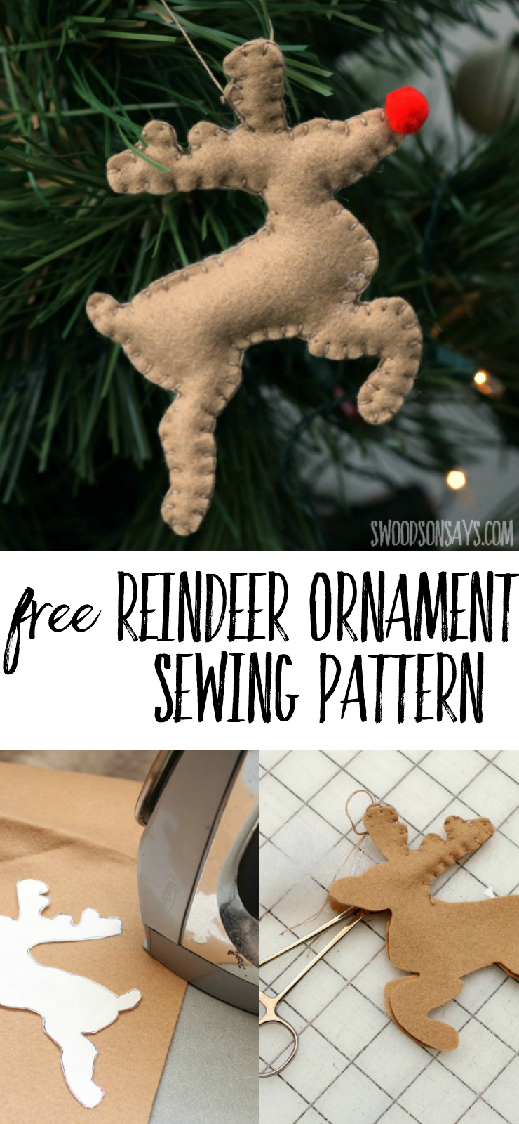 Use this free reindeer ornament sewing pattern to sew up a Rudolph for your tree! #reindeersoftie