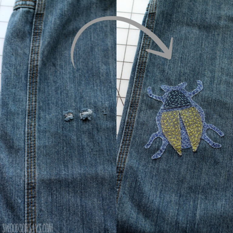 How to mend jeans by hand - diy beetle patch tutorial - Swoodson Says