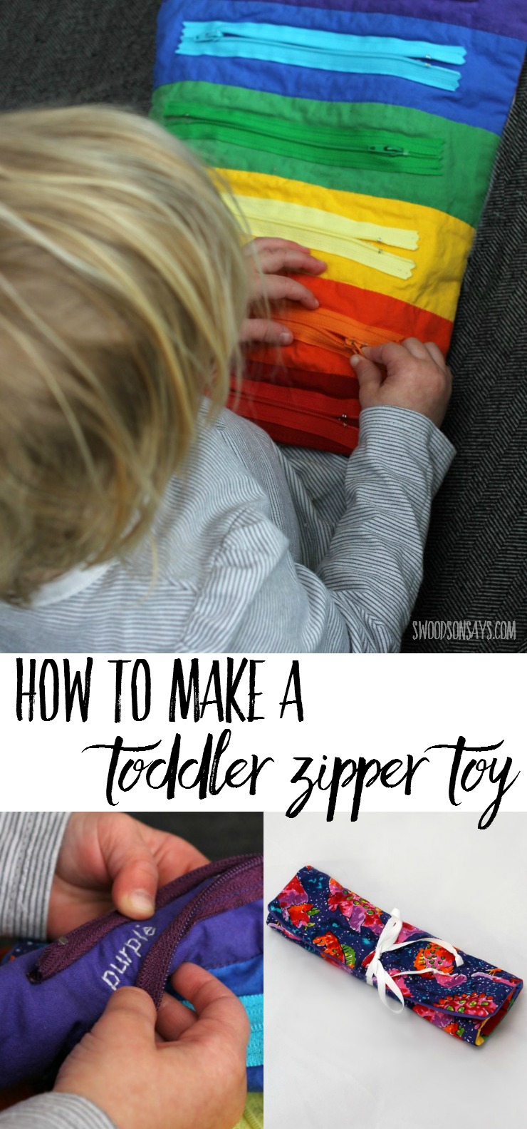 Use this zipper toy tutorial to sew a toddler toy! A few zippers and some embroidered words will make learning colors fun, and it rolls up easily to tuck into a purse or bag for entertainment on the go. 