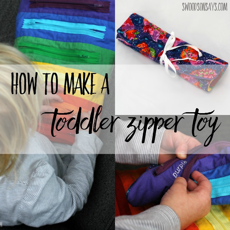 Use this zipper toy tutorial to sew a toddler toy! A few zippers and some embroidered words will make learning colors fun, and it rolls up easily to tuck into a purse or bag for entertainment on the go.