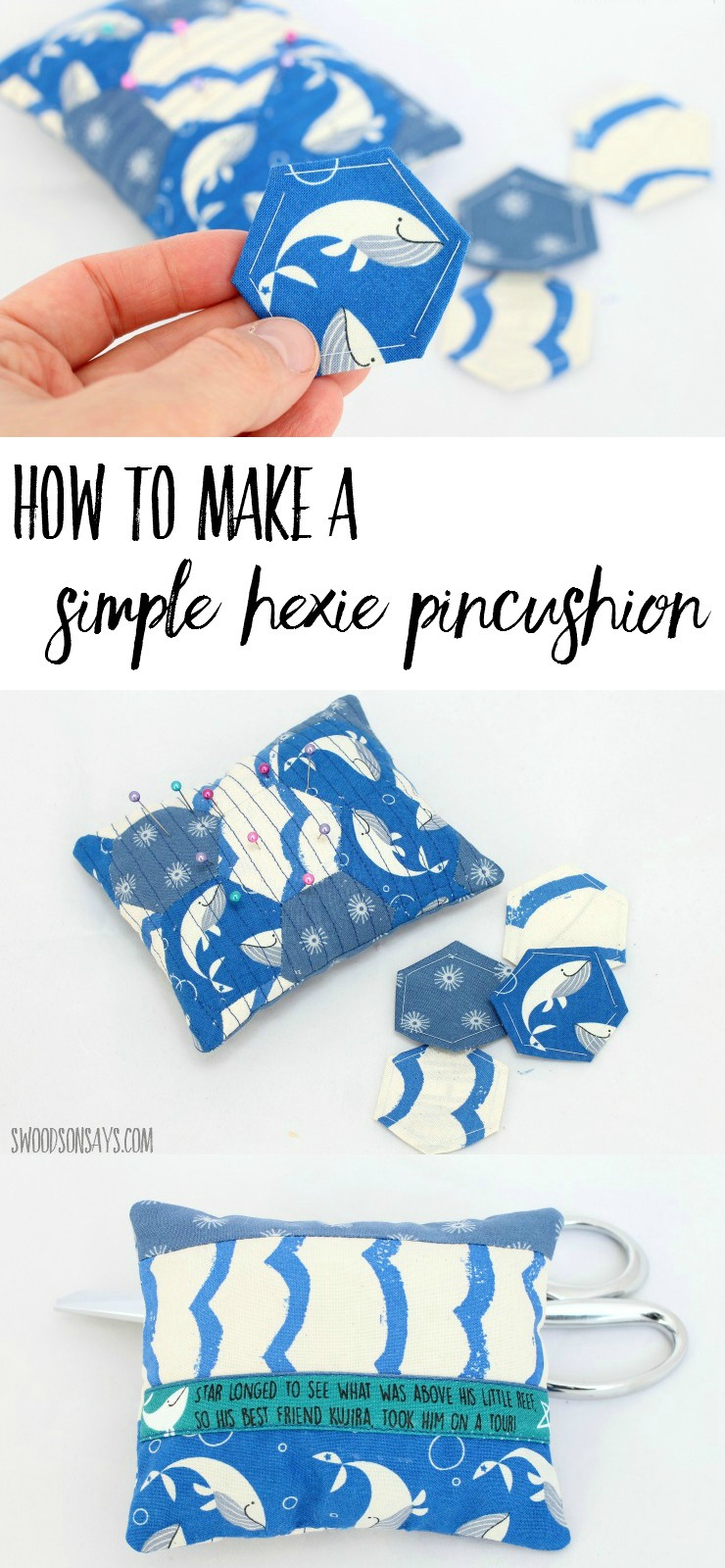 Interested in EPP (english paper piecing) but intimidated by making a whole quilt? With only 17 hexies, make a simple pincushion with this easy pincushion tutorial! This is a great first quilting project and scrap buster tutorial. The post was sponsored by Maker Mountain Fabrics, where you can find this adorable Cotton + Steel Kujira fabric!
