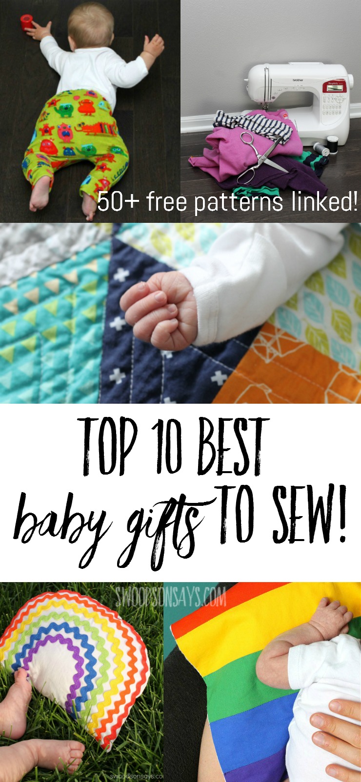 Top 10 best baby gifts to sew! There are 50+ links to free baby sewing patterns and tutorials for the best handmade baby gifts. Pair one with something practical that you loved as a parent for the best baby shower gift idea ever!