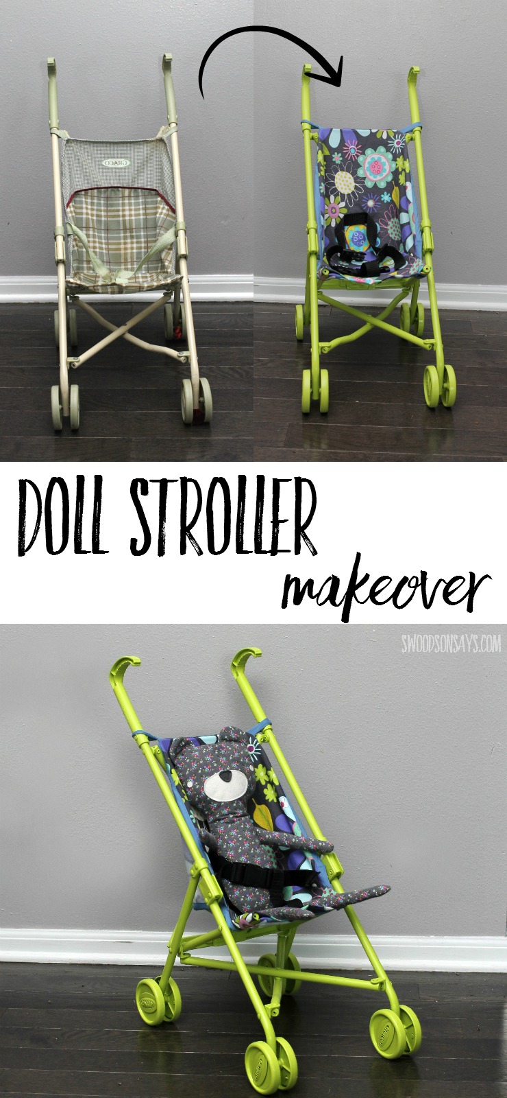 A thrift shop doll stroller gets a makeover into a colorful, modern version! See how paint and fresh fabric can transform a dated toy.