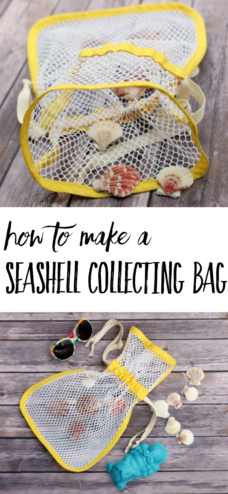 How to make a seashell collecting bag! This is a simple sewing tutorial for making a mesh bag to carry seashells in. Leave the sand at the beach and bring the treasures home! Perfect summer sewing project. 