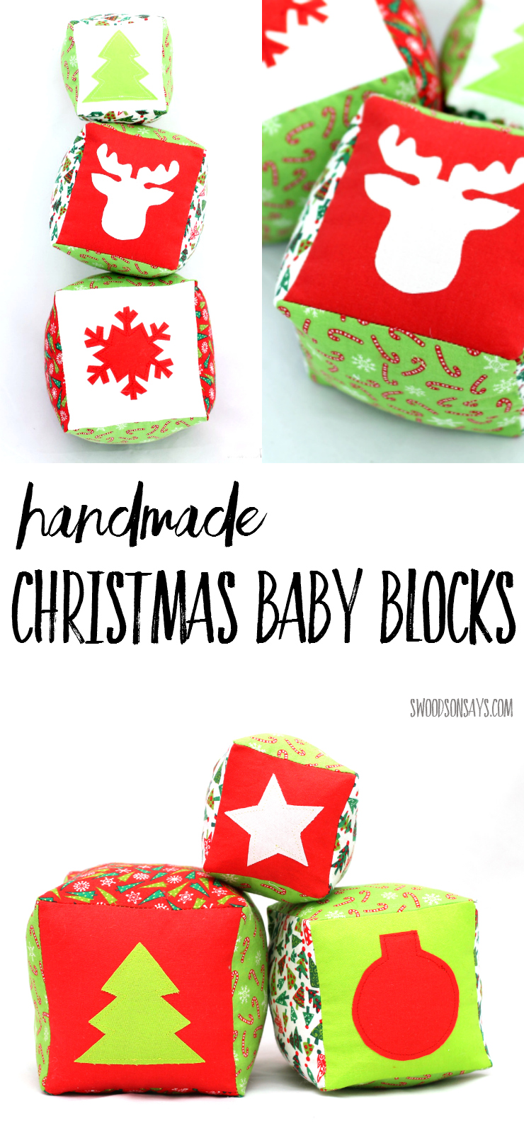 Sew up some Christmas Baby Blocks for the little one in your life! This is a sewing pattern perfect for scraps; there are 3 different sized blocks with 7 different designs and photo instructions for how to sew them. fun first Christmas toy to sew!