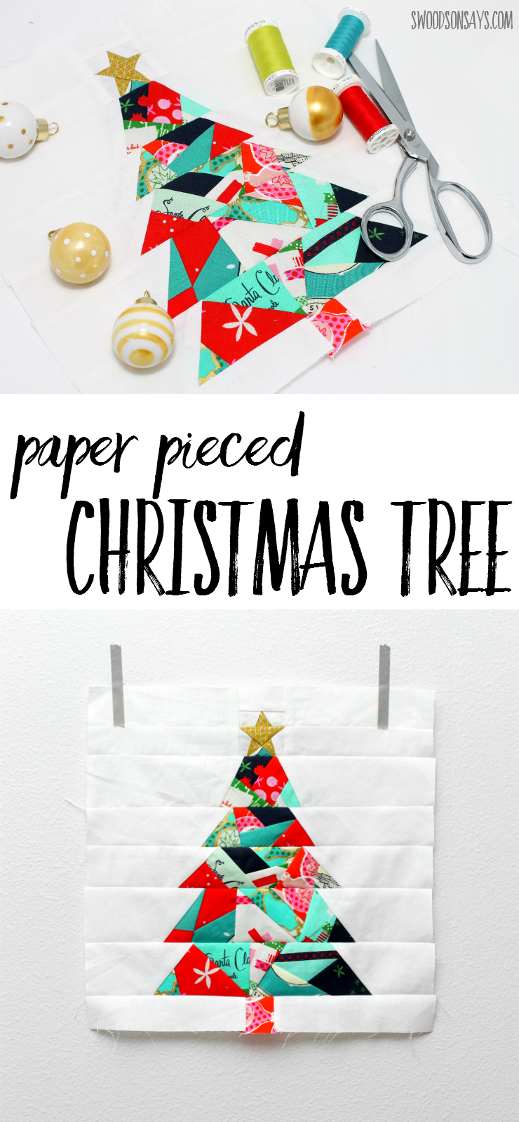 Check out this paper pieced Christmas tree! A modern Christmas quilt sewing pattern, it's a great first paper piecing pattern to try and uses up the smallest of scraps. Great for: christmas gifts to sew - christmas quilts - christmas paper piecing patterns - Christmas trees to sew.