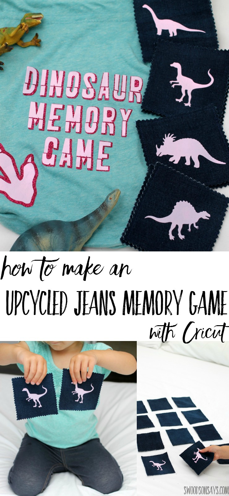 How to make a fabric scrap matching game - upcycled jean scraps make for a fun memory game and a Cricut cuts out iron-on designs super easily. Tutorial for how to make the simple matching game and links to the project on Cricut Design Space.