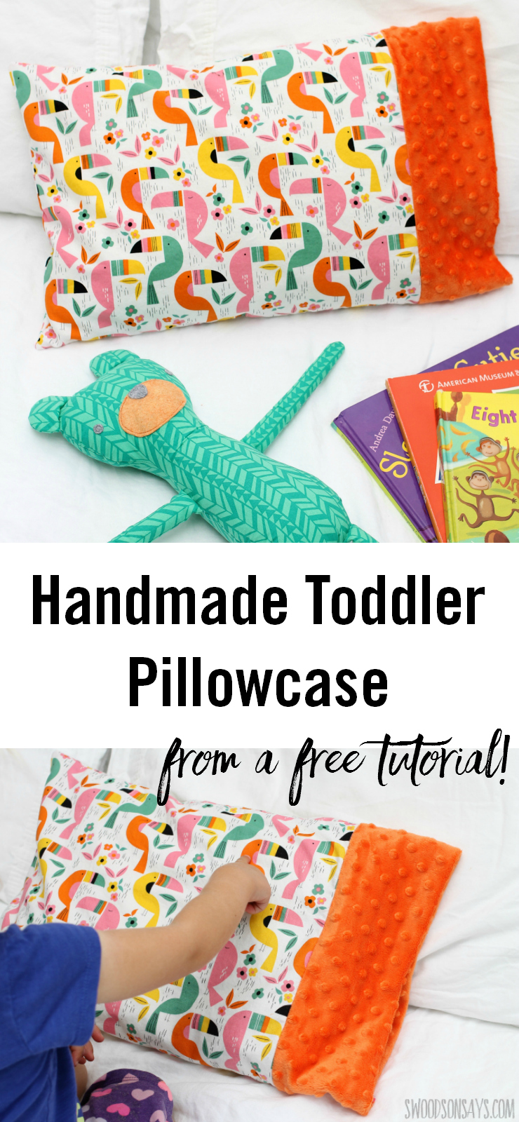 See how I used a free toddler pillow case pattern from Coral + Co. to make the cutest minky edged pillow! Perfect for little kids or as a travel pillowcase to sew, this is a quick and easy sewing project perfect for beginners or using up minky scraps.