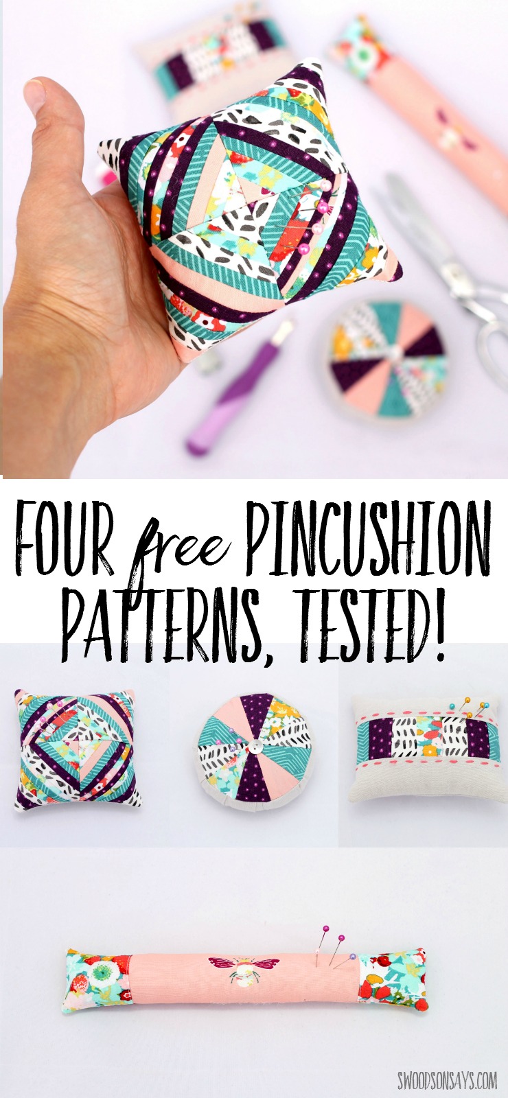 I tested four free pincushion patterns - come see what I thought of each one and get the links! Great scrap buster pincushion tutorials and handmade gift ideas.