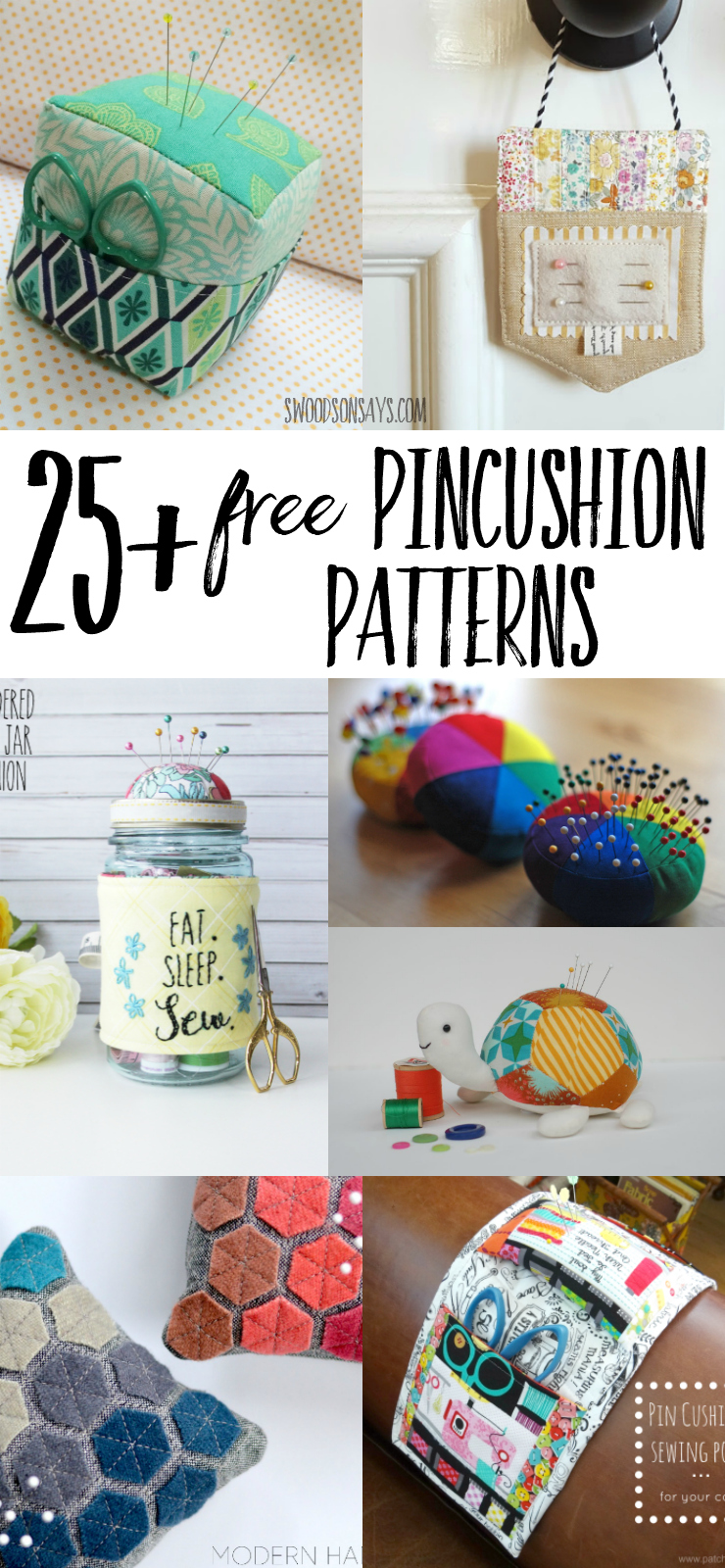 A big round up of free pincushion sewing patterns and tutorials! Perfect fabric scrap projects and handmade gifts to sew - use a free pincushion pattern to sew something up quickly! #pincushion