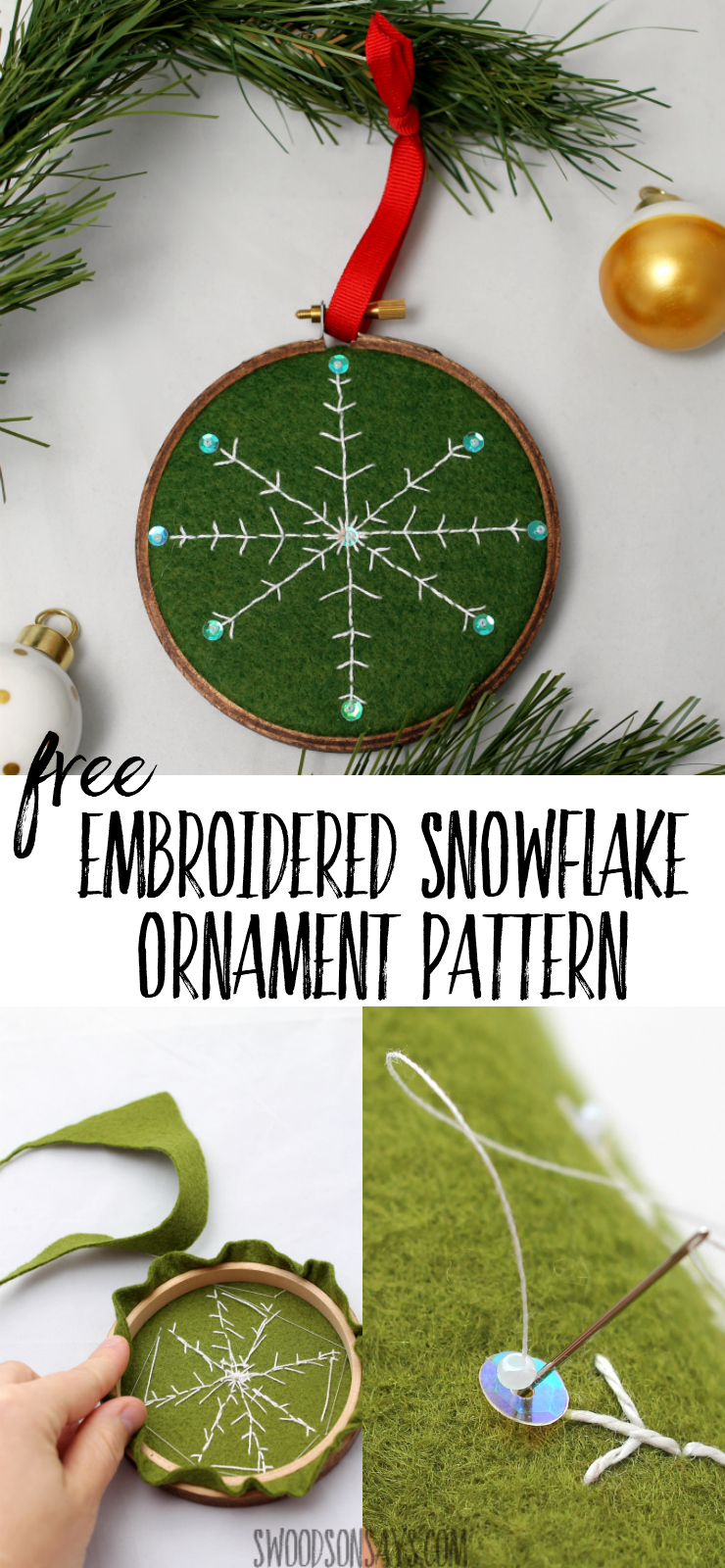 Free DIY embroidered snowflake ornament pattern to stitch up and gift this year! Embroidery hoop ornaments are easy and fun to make, and this snowflake embroidery design uses a simple back stitch that anyone can sew. #diychristmasornament #christmascraft