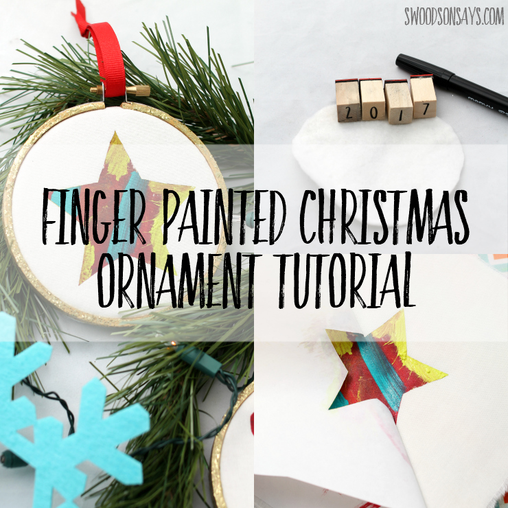 Check out this easy tutorial for a Christmas ornament that kids can make! Babies up through big kids can help paint a festive shape, which hangs from a simple embroidery hoop. Christmas craft and diy Christmas gift all in one! #kidmadeornament #diychristmasornament