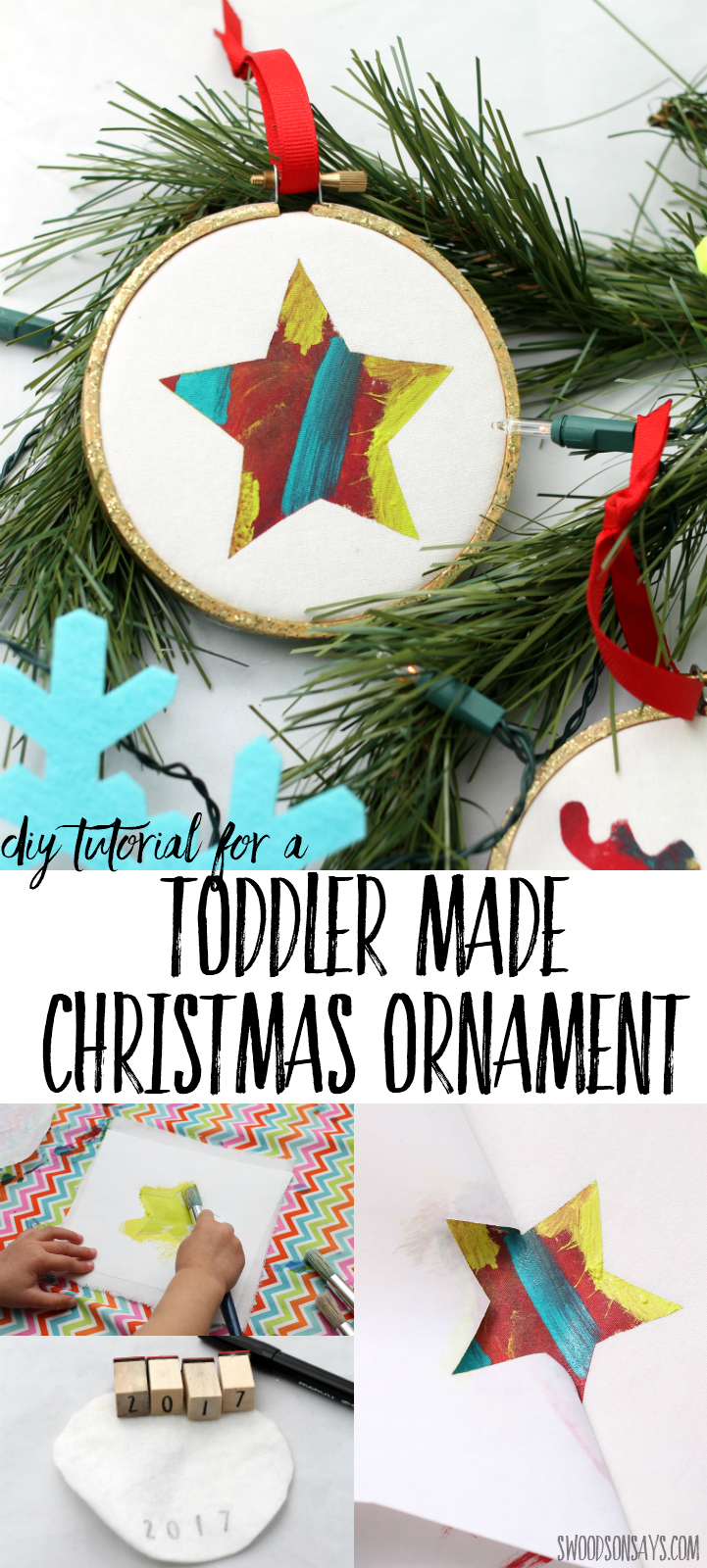 Check out this easy tutorial for a Christmas ornament that kids can make! Babies up through big kids can help paint a festive shape, which hangs from a simple embroidery hoop. Christmas craft and diy Christmas gift all in one! #kidmadeornament #diychristmasornament