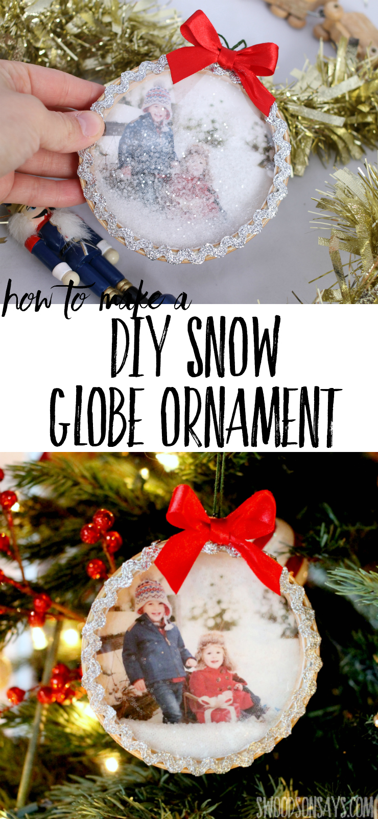 See how easy it is to make this super fun glitter shaker ornament! A DIY snow globe ornament that the kids can play with safely, with a personalized photo. #diysnowglobe #diychristmasornament #christmasornamenttutorial