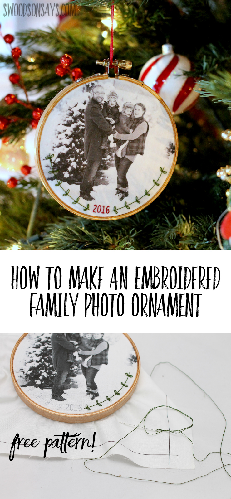 Personalized DIY Christmas ornaments are so much fun to make, see how easy it is to stitch a flourish and the date on your family photo! A simple tutorial for how to make an embroidered family photo ornament for Christmas or wall decor. #diychristmas #diychristmasornament #embroidery