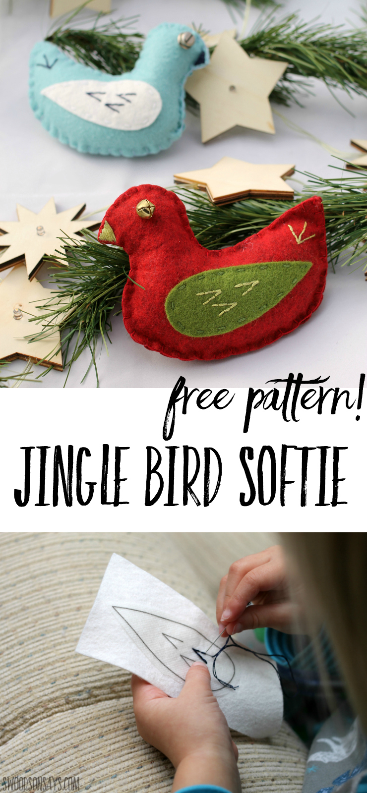 Get cozy this winter and sew a jingle bird! This simple softie is designed for beginner sewists and is perfect for kids to sew. Follow the free pattern to sew a sweet little bird to snuggle or hang on the tree! #softiepattern #diyornament #sewingforkids