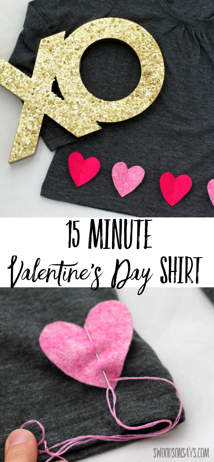 Looking for a DIY Valentine's Day shirt? This wool felt applique tutorial only takes 15 minutes! Super easy craft with a free printable template to download, you can make it the morning before school. #valentinesday #valentinesdayshirt #valentinesdaycraft